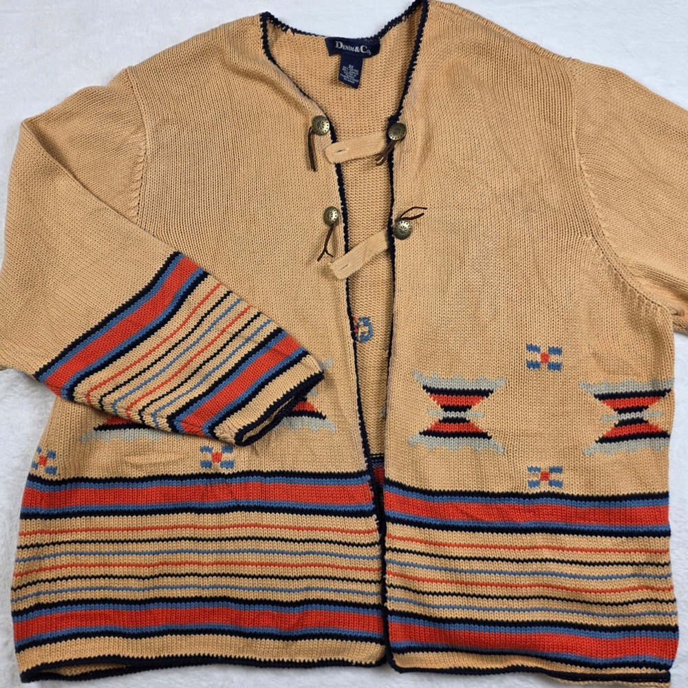 Denim & Co Cardigan Sweater Womens 3X‎ Tan Excellent Southwestern Toggle Knit